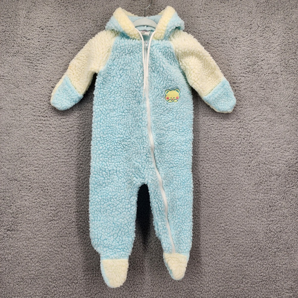 Vintage Cuddle Time Baby Blue Sherpa Fleece Hooded Pram Suit 3-12 Months USA